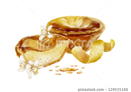 Halved and whole pasteis de nata with textured creamy custard and crumbs-traditional Portuguese dessert with lemon peel,zest spirals,lemon trees flowers.Watercolor illustration isolated on white 129535188
