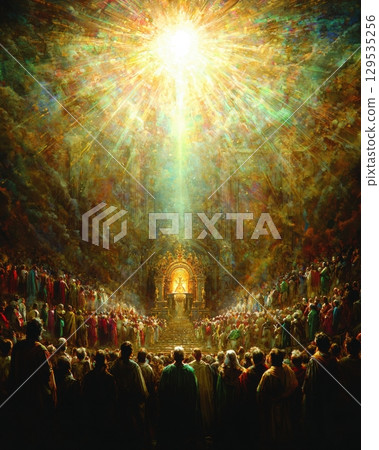 large group of people congregate in majestic hall filled vibrant colors and intense light. atmosphere radiates sense of wonder and reverence. 129535256