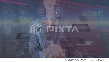 Image of data processing over businessman using smartphone 129535265