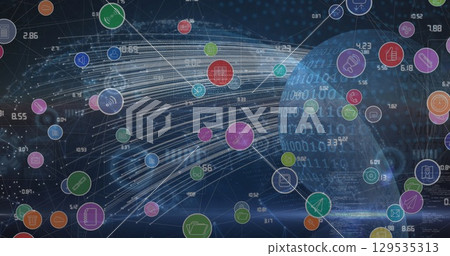 Image of network of digital icons and data processing against light trails over globe 129535313