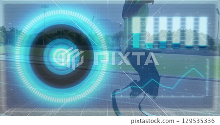 Image of digital interface over african american men with physical disability running 129535336