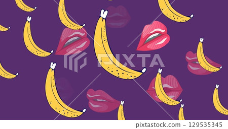 Image of lips and banana icons over purple background 129535345