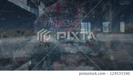 Image of data processing over african american man doing push ups 129535390