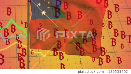 Image of multiple bitcoin symbols and graphs over grid network against samoa flag 129535402