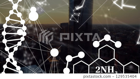 Image of dna and chemical structures with network of connections over aerial view of cityscape 129535404