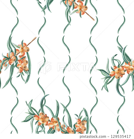 Seamless pattern with branches of ripe, juicy sea buckthorn. Watercolor illustration for packaging design, printing on fabric and kitchen textiles, dishes. 129535417
