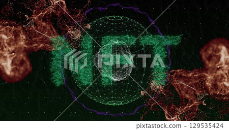 Image of connections, waves and nft on black background 129535424