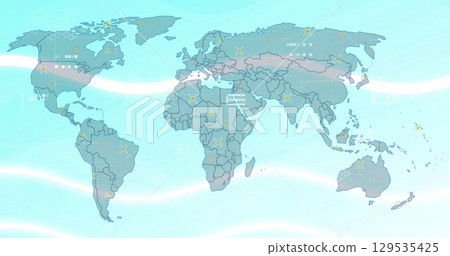 Image of world map and waves on blue background 129535425
