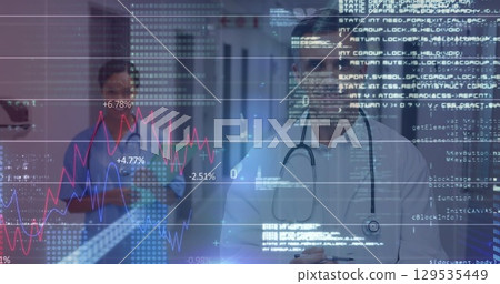 Image of data processing over caucasian male doctor with nurse smiling 129535449