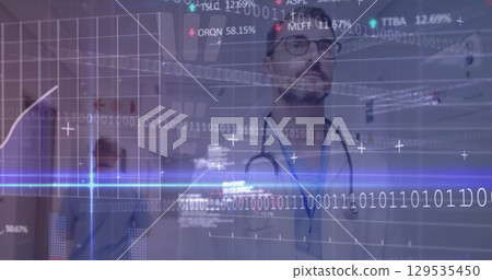 Image of data processing over caucasian male doctor walking 129535450