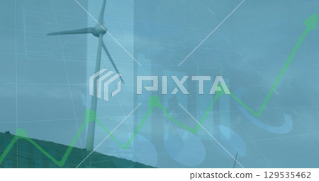 Image of financial data and graphs over landscape with wind turbines Image of financial data and graphs over landscape with wind turbines 129535462