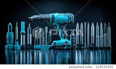 Displayed are various tools arranged neatly including prominent cordless drill center. 129535495