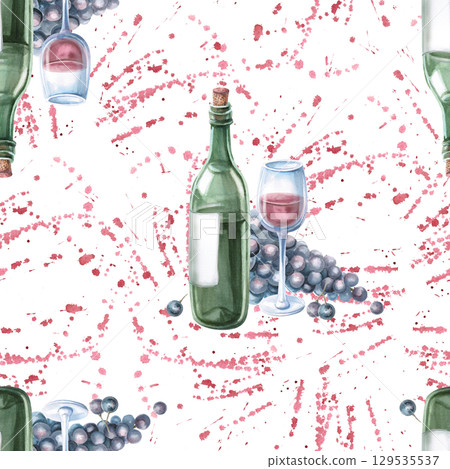 Seamless pattern with a bottle of red wine and a bunch of grapes on a splash background. Watercolor illustration for packaging design, wine list, printing on fabric and kitchen textiles, dishes. Seamless pattern with a bottle of red wine and a bunch of grapes on a splash background. Watercolor illustration for packaging design, wine list, printing on fabric and kitchen textiles, dishes. 129535537