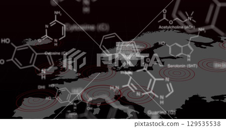 Image of science data processing with world map over black background Image of science data processing with world map over black background 129535538