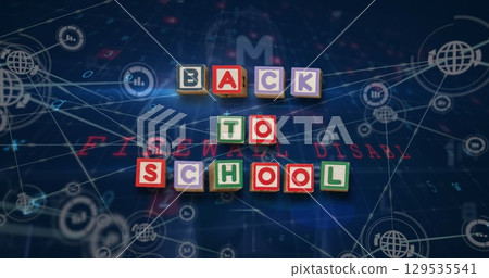 Image of back to school, connections with icons and virus scanning on navy background 129535541
