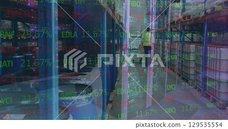 Image of financial data over back view of male warehouse worker 129535554