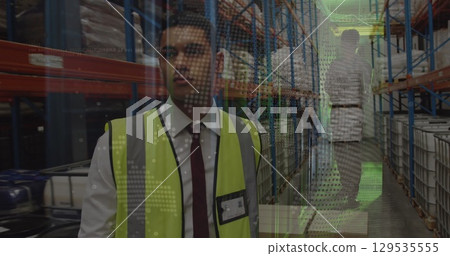Image of data processing over people working in warehouse 129535555