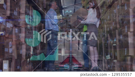 Image of caucasian female and male warehouse workers over graphs 129535557