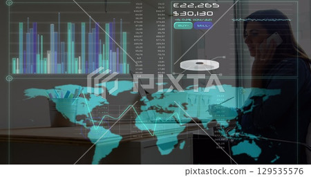 Image of data processing on screens over diverse business people fast screens 129535576