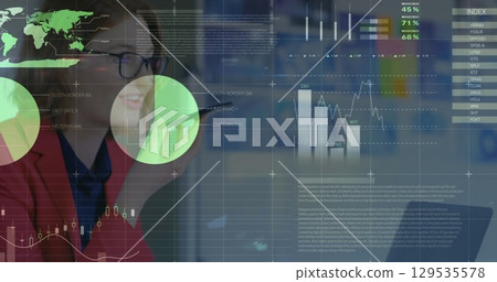 Image of financial data processing over businesswomen using smartphone Image of financial data processing over businesswomen using smartphone 129535578