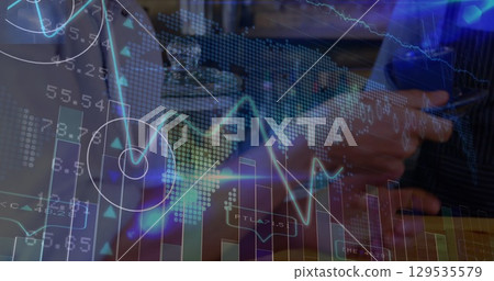 Image of financial data processing over caucasian man holding cup of coffee e 129535579