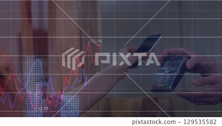 Image of financial data processing over diverse people paying with smartphone 129535582