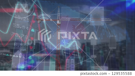 Image of financial data and graphs over cityscape 129535588