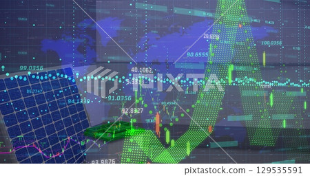 Image of financial data processing over solar panel 129535591