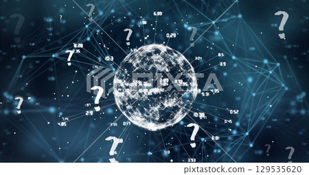 Image of question mark icons over network of connections and globe on black background Image of question mark icons over network of connections and globe on black background 129535620