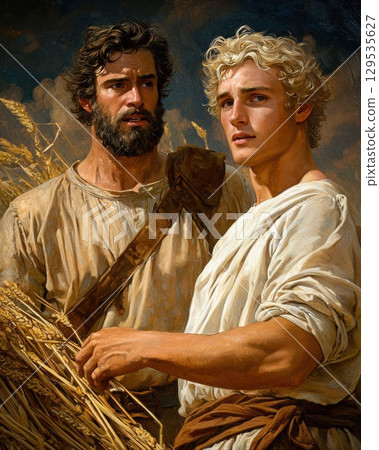 Two men stand closely engaged in conversation while surrounded tall wheat. One has dark hair and beard other has light curly hair. Both wear simple earth toned attire. 129535627