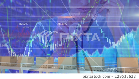 Image of data processing and boxes on conveyor belt over caucasian female doctor 129535628