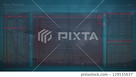 Image of data processing on digital screens over electricity poles Image of data processing on digital screens over electricity poles 129535637