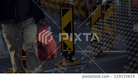 Image of data processing and globe over diverse people walking on street 129535654