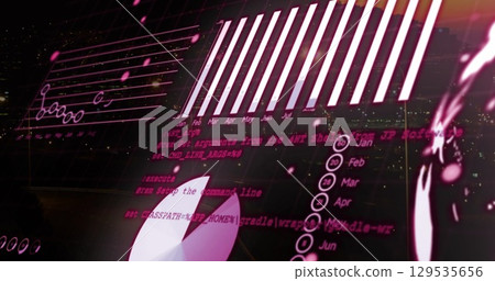 Image of statistical data processing against aerial view of city traffic at night Image of statistical data processing against aerial view of city traffic at night 129535656