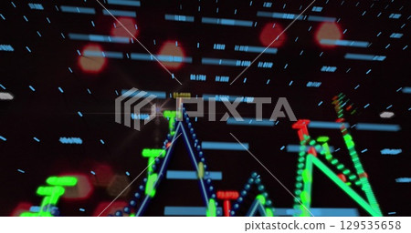 Image of financial data processing over light spots on black background Image of financial data processing over light spots on black background 129535658