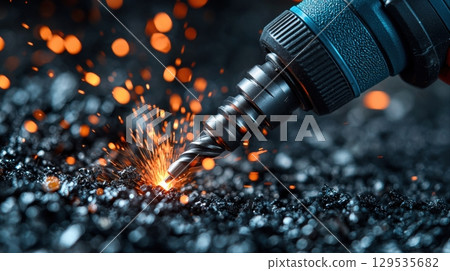 drill bit is rotating rapidly against dark metal surface producing bright sparks. setting is workshop highlighting metalworking process and craftsmanship involved. 129535682
