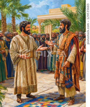 Two men are engaged in meaningful conversation surrounded palm trees. group of onlookers watches closely adding depth lively and colorful atmosphere of historical setting. Two men are engaged in meaningful conversation surrounded palm trees. group of onlookers watches closely adding depth lively and colorful atmosphere of historical setting. 129535683