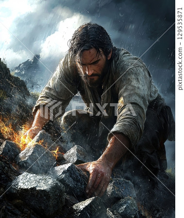 man works hard create fire amidst rocky terrain while facing heavy rain and strong winds. His intense focus reflects challenge of survival in harsh conditions. man works hard create fire amidst rocky terrain while facing heavy rain and strong winds. His intense focus reflects challenge of survival in harsh conditions. 129535871