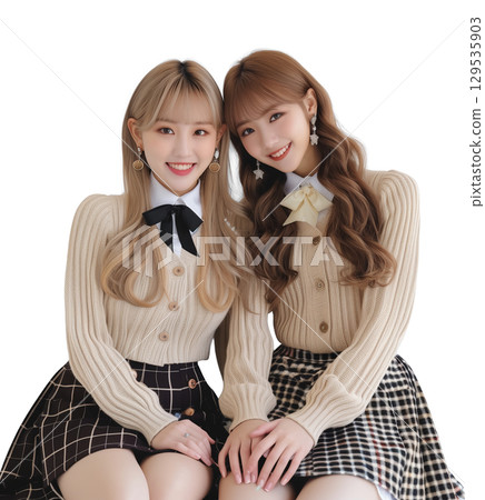 Portrait of twin-like female students in uniforms hugging each other closely | High school girls, twin tails, smile, checkered skirt 129535903