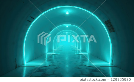 Clean Sci-Fi Corridor Bathed in Strong Blue Glow 129535980