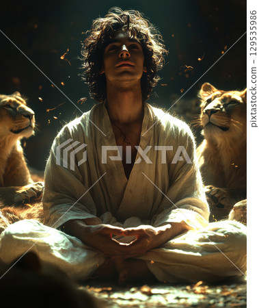 individual sits in meditative pose flanked two calm lions in serene environment. Soft light filters through creating mystical ambiance filled floating particles. 129535986