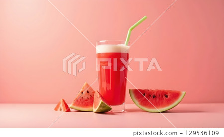 Watermelon Slice And Drink With Vibrant Color Contrast Watermelon Slice And Drink With Vibrant Color Contrast 129536109