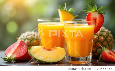 Artistic Juice Burst With Colorful Tropical Fruits In The Scene 129536237