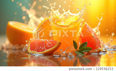 Vibrant Citrus Juice Splash With Glowing Fruit Reflection In Glass 129536253