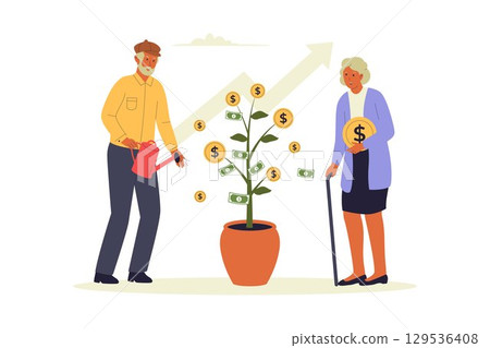 Senior Couple Watering Money Tree for Financial Growth Illustration 129536408