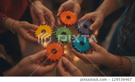 Teamwork in Action: Colorful Interlocking Gears 129536467