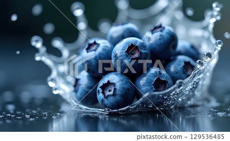 Frozen Water Impact Over Blueberries in Dark Composition 129536485