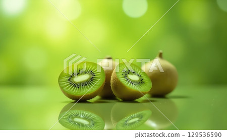 Surreal Kiwi Glow on Reflective Glossy Background Surreal Kiwi Glow on Reflective Glossy Background 129536590