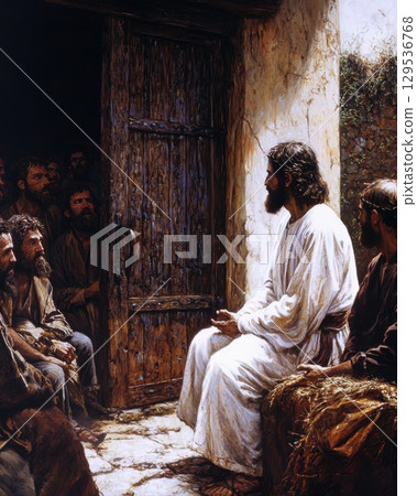 group of followers attentively listens teacher sitting calmly in rustic setting. warm light highlights their focused expressions and simplicity of environment. 129536768