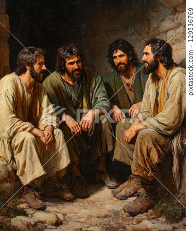 Four men dressed in simple tunics are seated together in cave deeply engaged in conversation. Their expressions reflect curiosity and contemplation in historical context. 129536769